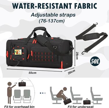 Спортивна сумка 50L для чоловіків 3-в-1 з відділенням для мокрого одягу та взуття, рюкзак, дорожня сумка, валіза ручної поклажі, для тренувань, залу, плавання, подорожей (чорний)