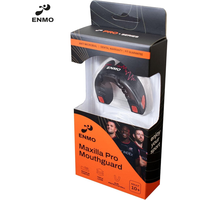 Захисний капу для спорту Enmo Maxilla Pro: для дорослих та дітей (10+), з кейсом. Підходить для регбі, боксу, хокею та контактних видів спорту. Капа з технологією Boil & Bite, тришарова, з каналом для дихання. Білий/синій (Радіо Чорний/Червоний)