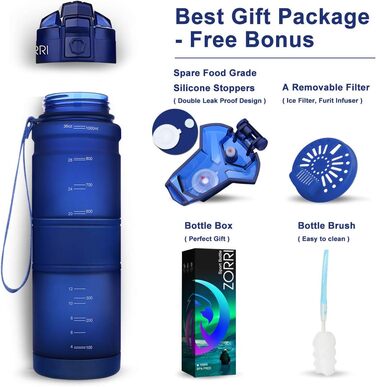 Спортивна пляшка ZORRI 500 мл, 1 л, 700 мл, 400 мл, BPA-Free, для води та газованих напоїв, без витоку, екологічна, для дітей, школи, спортзалу, фітнесу, велосипеду (темно-синій)