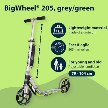 Самокат HUDORA BigWheel 205 з алюмінію, складаний, регульований, міський, для дітей та дорослих, до 100 кг