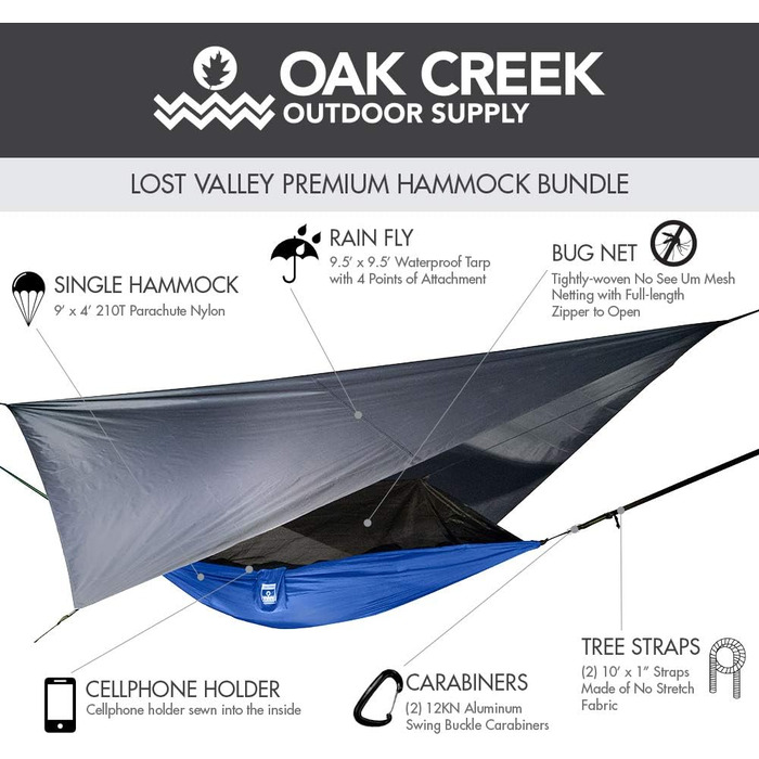 Гамак для кемпінгу Oak Creek Outdoor Supply Lost Valley | З москітною сіткою, тентом від дощу, стропами та компресійним мішком | Легкий, портативний, нейлоновий гамак для одного