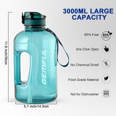 Пляшка спортивна GEMFUL 3л з мітками часу, соломинкою та ручкою, сіра. BPA-free, герметична, для фітнесу, тренувань та активного зволоження