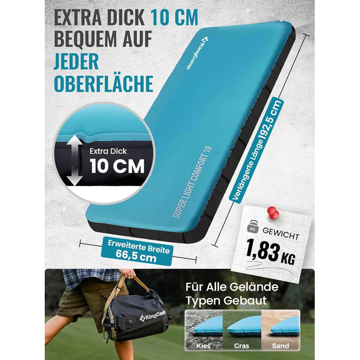 Кемпінговий килимок KingCamp R4.9 з memory foam, 10см, 4-сезонний, надувний, для кемпінгу та подорожей, блакитний