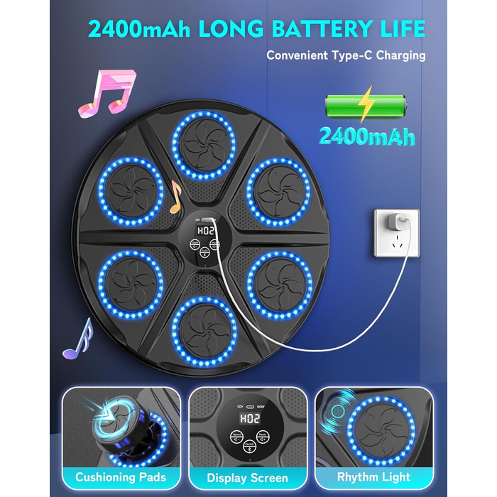 Музична бокс-машина для дорослих і дітей з Bluetooth, LED, 12 режимів та 12 швидкостей, бокс-рукавички в комплекті, електронний тренажер для боксу