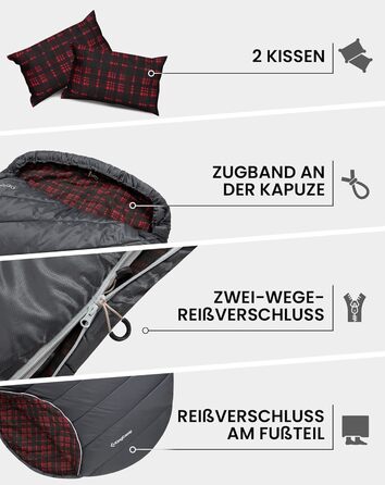 Сплячий мішок KingCamp для 2 осіб з фланелі, зимовий, 3-4 сезони, з подушками, для кемпінгу та відпочинку на природі (сірий)