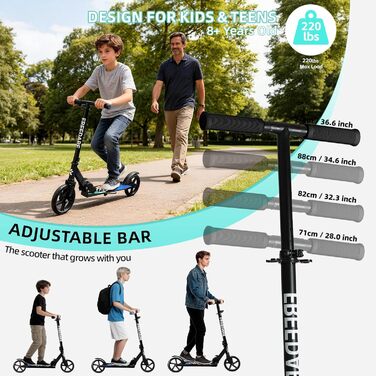 Самокат FREEDARE Cityroller для дітей та дорослих, складаний, колеса 200 мм, до 100 кг, регульована висота, чорний