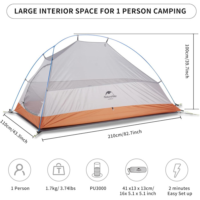 Намет Naturehike Cloud Up 1 - ультралегкий намет для 1 особи, 4 сезони, оранжевий (210T)