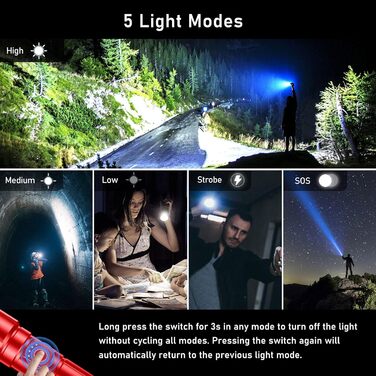 Ліхтар Blukar LED акумуляторний, 500000 люмен, тактичний, 5 режимів, водонепроникний IP67, для кемпінгу, туризму, риболовлі, надзвичайних ситуацій (червоний)