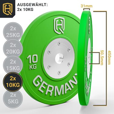 Професійні бамперні диски HQ Germany 10 кг, 50 мм, для штанги, комплект, IWF стандарт, сертифікат REACH, для змагань