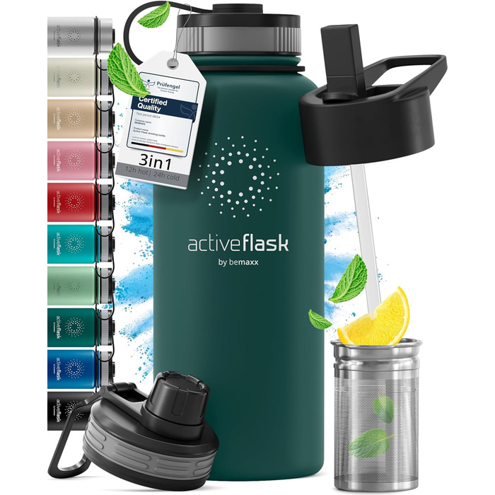 Термос-бутилка з нержавіючої сталі ACTIVE FLASK 950 мл, з трубочкою, 3 кришки, без BPA, герметична, підходить для газованої води, спортивна, для дітей та дорослих, темно-бірюзова
