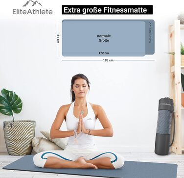 Килимок для йоги EliteAthlete 183x61x0,6 см, не ковзає, з ременем і чохлом, для фітнесу, пілатесу, спортзалу, чорний-синьо-синій