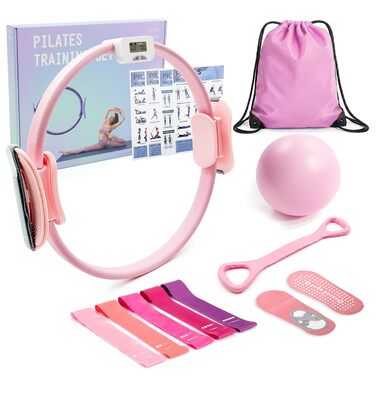 Pilates Set MaxU для жінок: коло 35 см, м'яч, гумові стрічки, кільце з лічильником та шкарпетки. Ідеальний набір для домашніх тренувань для початківців. Рожевий колір.