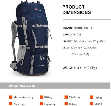 Туристичний рюкзак MOUNTAINTOP 70L з внутрішнім каркасом, з дощовиком, для походів, кемпінгу та подорожей, чоловічий та жіночий
