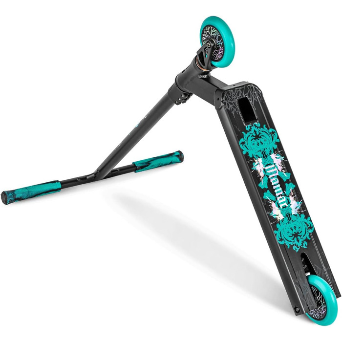 Скутер для трюків Movino Maniac: професійний фрістайл, IHC-компресія, дека Street, T-Bar 59x54 см, колеса 110 мм, ABEC 9, 3.8 кг, Holo/Blue