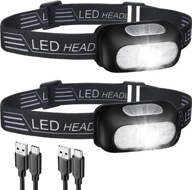 LED налобний ліхтар NREDXOON з акумулятором, USB-C, 5 режимів освітлення (включно з червоним), IPX4, водонепроникний, надзвичайно яскравий для кемпінгу, бігу, DIY та надзвичайних ситуацій (2 шт.) Чорний