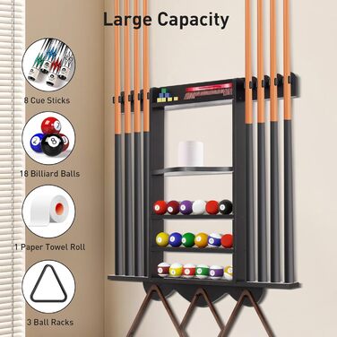 Стенд для київ Leogreen на 8 київ, 18 куль, 3 підставки для куль та рулон паперу. Настінний органайзер з дерева для більярдних кімнат, барів та клубів