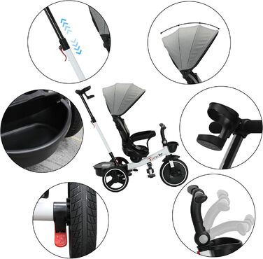 Дитяче тріцикл UBRAVOO 7-в-1: складний, з ліхтарем, гальмом, великим козирком та захисним бампером (білий)