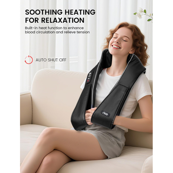 Масажер для шиї RIKE Shiatsu з підігрівом - 3D масажер для шиї, плечей та спини, з адаптерами для мережі та авто, глибока масажна дія, подарунок на Різдво