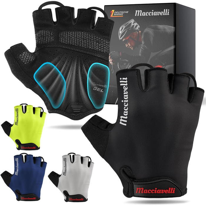 Велосипедні рукавички MACCIAVELLI® для чоловіків та жінок | З гелевими вставками, дихаючі, з підкладкою | Рукавички для MTB, шосе, трекінгу | Чорний, розмір L