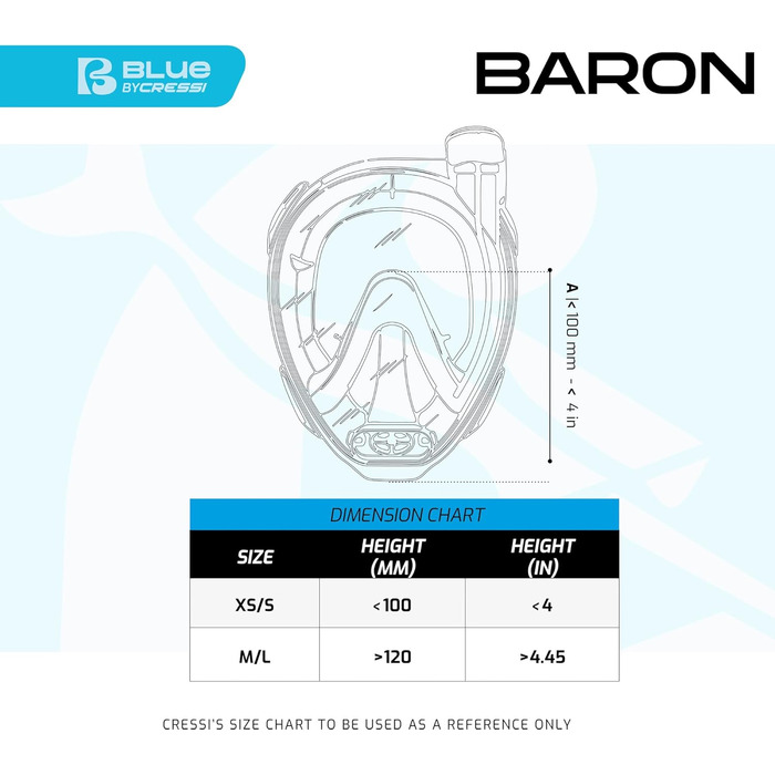 Маска для снорклінгу CRESSI Baron Full Face M/L чорна: повнолицева, антизапітнівальна, з клапаном та трубкою