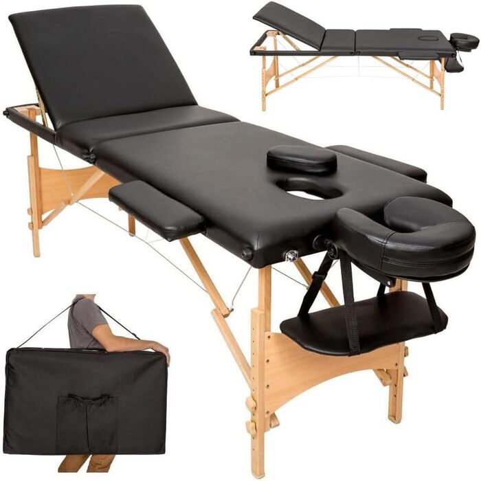 Дерев'яне крісло-масажер BAKAJI з 3 зонами, складне, для фізіотерапії, спа, велнес, професійних косметологів, чорний колір, XL LUX, з сумкою для перенесення