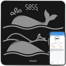 Ваги підлогові Vitafit для людей, до 300 кг, висока точність 0,05 кг, професійні, завод з 2001 року, вага для тіла з міцного 8 мм протиковзкого скла, LED-дисплей, 3*AAA, чорні