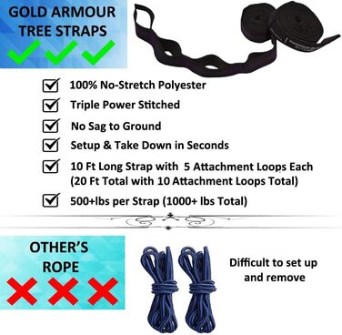 Гамак для кемпінгу Gold Armour - легкий гамак з нейлону для дорослих та дітей (2 ремені, 10 петель / 6 метрів) - Фіолетово-чорний
