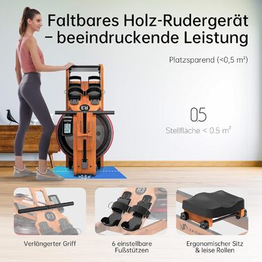 Складальний гребний тренажер R3 з дубового дерева, з Bluetooth LCD-дисплеєм, підтримкою Kinomap, баком для води 28л, ергономічним сидінням та тримачем для планшета, до 150 кг