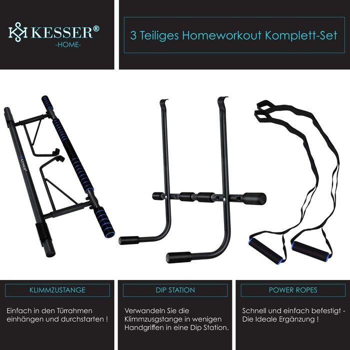KESSER 4-в-1 Турнік преміум з DIP-станцією та Power Ropes, складаний турнік для дверей, без свердління, для дому та Crossfit