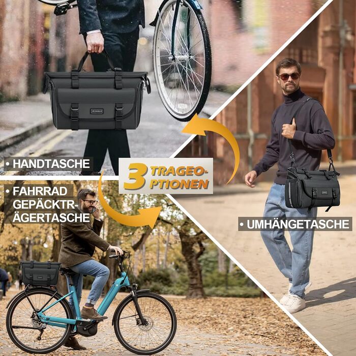 Велосумка RAINSMORE 3-в-1 для багажника 18L, розширювана, водонепроникна, з відбивачами, регульована, сіра