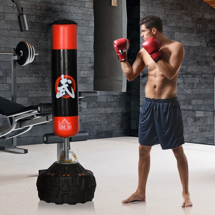 Боксерська груша HOMCOM для дорослих з всмоктувальною основою Black Red 60x60x180см ідеально підходить для фітнесу та самооборони