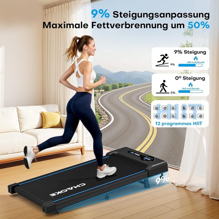 Ходунка CHAOKE з регулюванням нахилу 9%, біговий стіл для дому та офісу, потужний 2.75 PS мотор, до 150 кг, 12 HIIT-програм та пульт керування (чорний)
