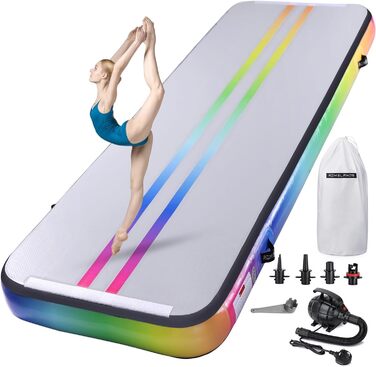 Гімнастичний надувний мат для дому, 3,5 м, у кольорах веселки (з повітряним насосом)