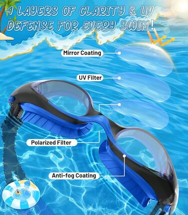 Дитячі окуляри для плавання Schwimmbrille: захист від УФ-променів та запобігання запотіванню, водонепроникні, для хлопчиків та дівчаток 6-14 років, сині + темно-сині