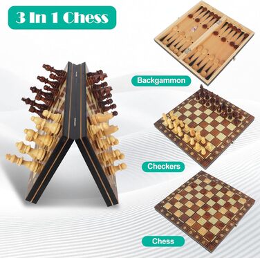 Набір для гри в шахи дерев'яний магнітний 3-в-1, 29 x 29 см. Ідеально для дітей, друзів та сім'ї