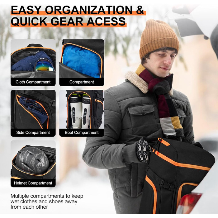Сумка для лиж Odoland Skitasche Set: комбо для лиж та взуття, водонепроникна, до 200 см, для чоловіків та жінок (Помаранчевий)