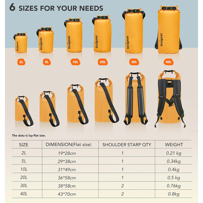 Водонепроникний мішок Unigear Dry Bag 2L/5L/10L/20L/40L для риболовлі, каякінгу, кемпінгу та пляжу з кишенею для телефону та ременями