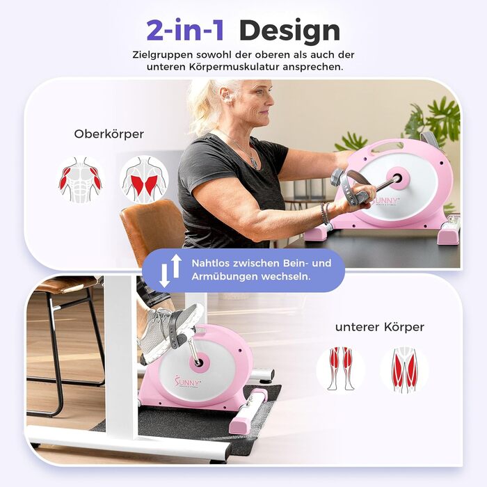 Магнітний міні-велотренажер Sunny Health & Fitness Smart-Heimtrainer для дому та офісу, педальний тренажер для сеньйорів та реабілітації (Рожевий)