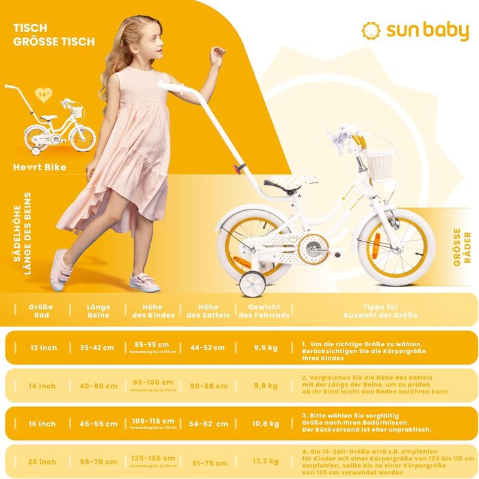 Дитячий велосипед Sun Baby Heart Bike для дівчаток 12/14/16 дюймів, зі знімною ручкою, для дітей 2-6 років
