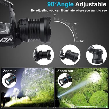 Ліхтар на лоб LED XHP70 з USB зарядкою, 90000 люмен, 5 режимів, Zoom, водонепроникний, для кемпінгу, полювання, бігу, риболовлі, велоспорту (чорний)