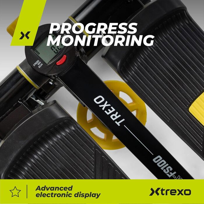 XTREXO Степер для дому FS100 | Регульована висота педалей та опір, дисплей, навантаження до 100 кг, чорний/жовтий | Hometrainer для кардіотренувань