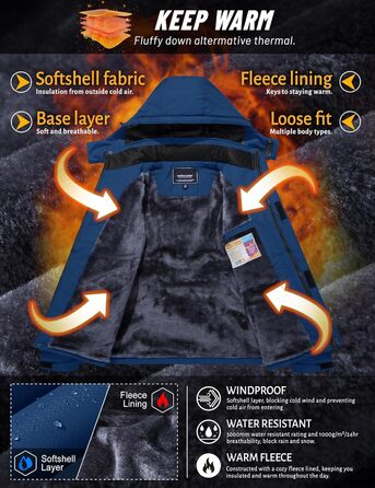 TACVASEN Куртка зимова чоловіча водонепроникна тепла флісова підкладка софтшелл дихаюча функціональна куртка з відстібаною капюшоном XL темно-синій