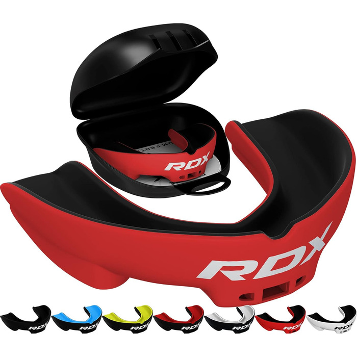 Капа для спорту RDX, захист зубів для бойових мистецтв, MMA, кікбоксинг, хокей, футбол, муай-тай, регбі. Зручна коробка для зберігання. Для дорослих (від 12 років). Червоний колір.