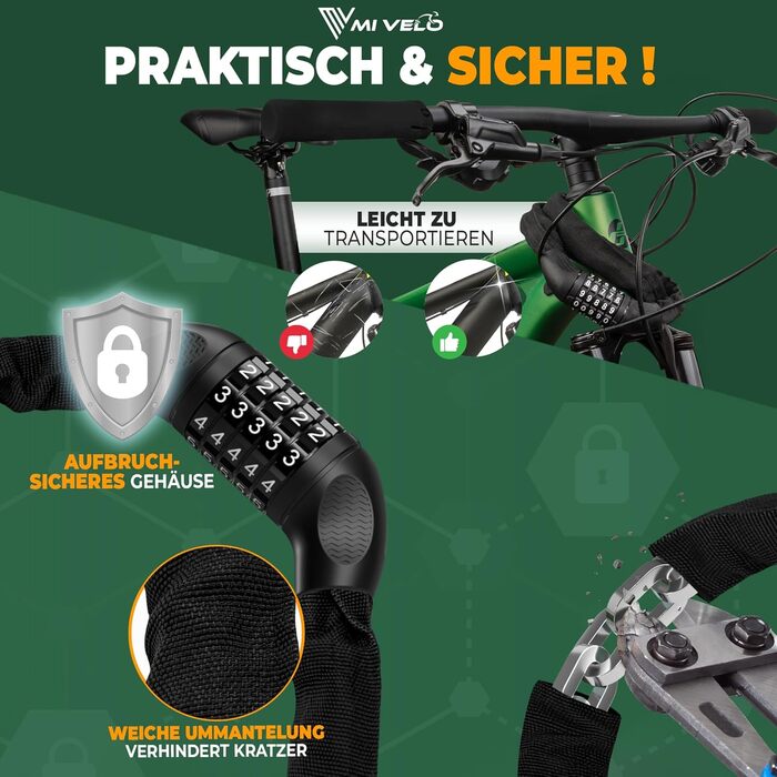 Замок для велосипеда MIVELO Kettenschloss - висока безпека, 90 см, з кодовим замком (PIN)