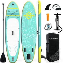 Надувне SUP Board HEYBOARD 320x81x15 см, комплект з рюкзаком, веслом, насосом, шнуром та знімною планкою, м'ятно-зелений