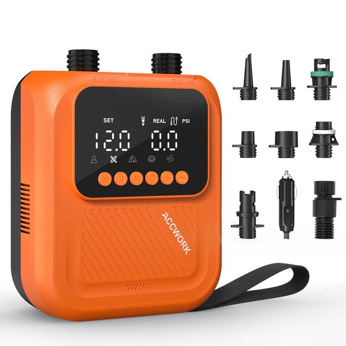 Насос електричний для SUP дошки Accwork 20 PSI, 12V, з адаптерами для каяка, човна, надувного матрацу
