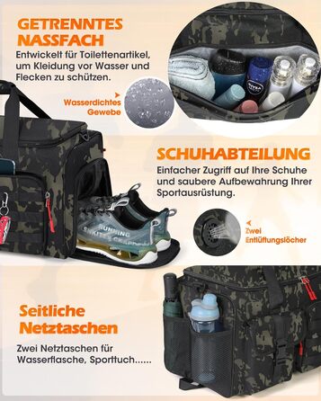 Спортивна сумка RAINSMORE 3-в-1 для чоловіків 45L: рюкзак, сумка-валіза з відділенням для взуття, ноутбука та мокрого одягу, фітнес-сумка, камуфляжний колір