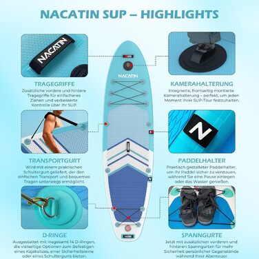 NACATIN SUP дошка надувна 320 см з сидінням, веслом та рюкзаком - для йоги, річки, моря (синій)
