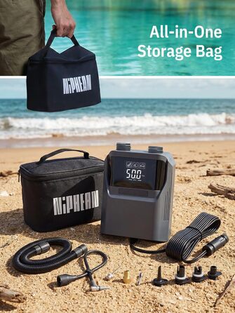 Електричний насос Niphean для SUP-дощок та автомобільних шин, 50 PSI, з подовженим кабелем зарядки 300 см та сумкою для зберігання