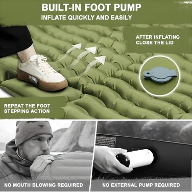 Саморозкладаний килимок для кемпінгу YuanDiann 200x140 см на 2 особи, армійний зелений, з помпою та подушкою